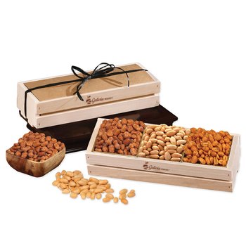USA Made Peanut Lover's Wooden Crate Gift Set With Honey Roasted, Spicy, & Virginia Peanuts 16 oz. - Firebranded Personalization Available from Positive Promotions