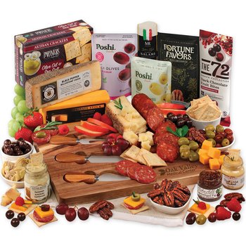 Gourmet Deluxe Acacia Wood Charcuterie Board Snacks 12-Piece Gift Set With Cheese, Sausage, Olives, & Magnetic Tools - Firebranded Personalization Available from Positive Promotions