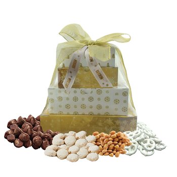 Snowflakes Gourmet Variety 4-Tier Snack Tower With Truffles, Cookies, Pretzels - Full-Color Personalization Available from Positive Promotions