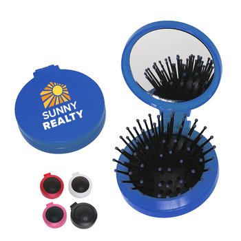 Round Plastic Travel Brush & Shatter-Resistant Mirror Compact - Personalization Available from Positive Promotions