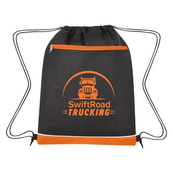 Recycled Water-Resistant Non-Woven Drawstring Bag with Zippered Pocket - Personalization Available from Positive Promotions