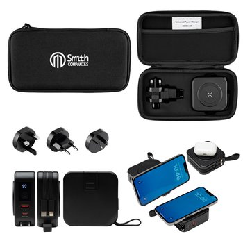 All-in-One International Universal Travel Qi Wireless Power Bank Charger with Global Plug Adapters from Positive Promotions