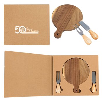 Circular Acacia Wood Charcuterie Serving Board & Cheese Knife Utensil Set -Personalization Available from Positive Promotions