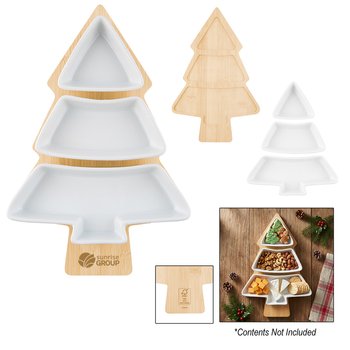 Bamboo Christmas Holiday Tree-Shaped Serving Charcuterie Board with Removable Porcelain Dishes from Positive Promotions