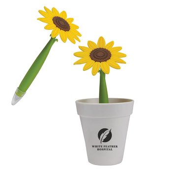 Recycled Plastic Pot with Flower Pen - Sunflower - Personalization Available from Positive Promotions