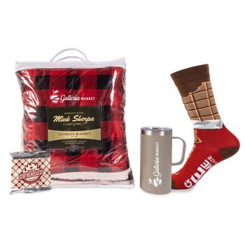 Cozy Cocoa 4-Piece Gift Set With Buffalo Plaid Sherpa Blanket, Camp Vacuum Mug 20 oz., Hot Cocoa, & Socks - One-Color Personalization Available from Positive Promotions