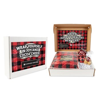 Red Buffalo Plaid Gift Set With Sherpa Blanket, Camp Mug 16 oz., Hot Cocoa, & Cookies - Full-Color Personalization Available from Positive Promotions