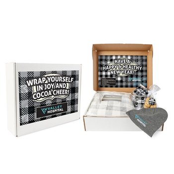 Gray Buffalo Plaid Gift Set With Sherpa Blanket, Beanie, Camp Mug 16 oz., Hot Cocoa, & Cookies - Embroidered Personalization Available from Positive Promotions