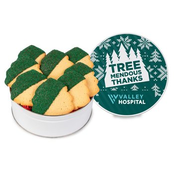8-Piece Holiday Christmas Tree Cookies Chocolate-Dipped With Green Sprinkles In Gift Tin - Full-Color Personalization Available from Positive Promotions