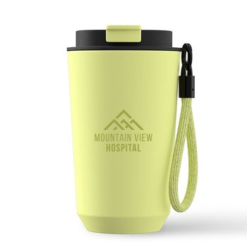 Petite Recycled Stainless-Steel Soft Touch Tumbler 12 oz. With Carry Strap & Straw - One-Color Personalization Available from Positive Promotions