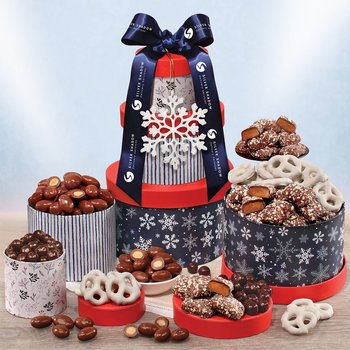 Gourmet Holiday Snowflake Sweet Treat Tower With Ornament: Dark Chocolate Pomegranate, Milk Chocolate Almonds, English Butter Toffee, & Frosted Pretzels - Foil-Stamped Personalization Available from Positive Promotions