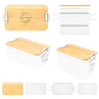 Stackable Recycled Bamboo Bento Lunch Box with Divided Food Containers - Laser-Engraved Personalization Available from Positive Promotions