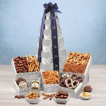 Deluxe Silver Sweet & Savory Gourmet Snack Gift Tower With Chocolate, Pretzels, Caramel Corn, & Nuts - Foil-Stamped Personalization Available from Positive Promotions