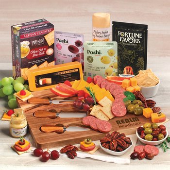 Deluxe Gourmet Charcuterie Acacia Wood Board With Cheese, Summer Sausage, & Snacks Gift Set - Firebranded Personalization Available from Positive Promotions