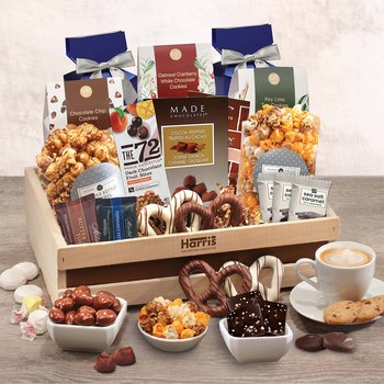 Gourmet Snack Gift Crate With Cookies, Chocolate, Pretzels, Caramel Corn, & Candy - Firebranded Personalization Available from Positive Promotions
