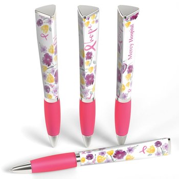 Hope Floral 3-Sided Breast Cancer Awareness Pen - Full-Color Personalization Available from Positive Promotions