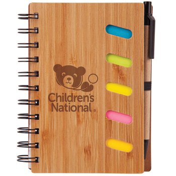 Bamboo Notebook with Pen & Sticky Notes - Laser-Engraved Personalization Available from Positive Promotions