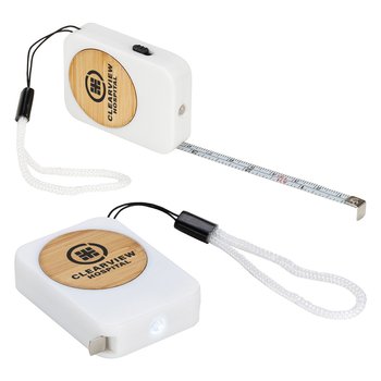 3' Metal & Bamboo Tape Measure With Light - One-Color Personalization Available from Positive Promotions