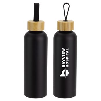 Recycled Aluminum Bottle 24 oz. With Bamboo Carry Strap Lid - One-Color Personalization Available from Positive Promotions
