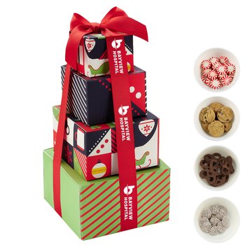 Holiday 4-Tier Gourmet Treat Tower - Fill Option 1 - One-Color Personalization Available from Positive Promotions