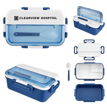 Bento Box With Spork, Removable Tray, & Compartments - One-Color Personalization Available from Positive Promotions