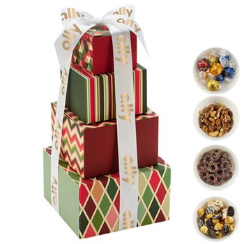 Holiday 4-Tier Gourmet Treat Tower - Fill Option 2 - One-Color Personalization Available from Positive Promotions