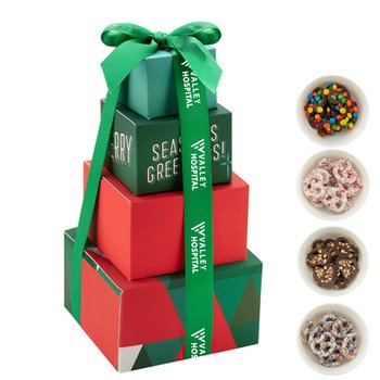 Holiday 4-Tier Gourmet Treat Tower - Fill Option 3 - One-Color Personalization Available from Positive Promotions