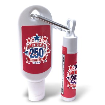 USA 250th Anniversary 1-oz. Sunscreen Lotion With Carabiner & SPF-15 Lip Balm - Full-Color Personalization Available from Positive Promotions