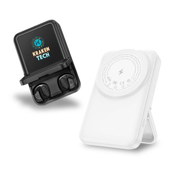 Power Duo 2-in-1 Fast Charge Power Bank with Built-In TWS Earbuds 7,700 mAh 15W - Personalization A from Positive Promotions