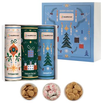 Festive Holiday Cookie Tube Collection Trio Assortment 3 With Chocolate Chip, Peppermint Bark, & Salted Caramel - Full-Color Personalization Available from Positive Promotions