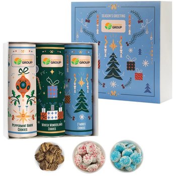 Festive Holiday Cookie Tube Collection Trio Assortment 4 With S'mores, Peppermint Bark, & Winter Sprinkle - Full-Color Personalization Available from Positive Promotions