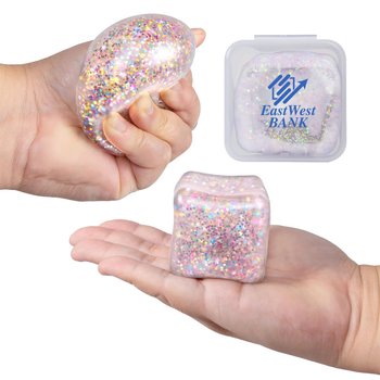 Glitter-Filled Slow-Rebound Sensory Squishy Stress Relief Cube with Storage Case - Personalization from Positive Promotions