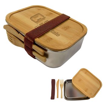 Stainless Steel & Bamboo Bento Box - Laser-Engraved Personalization Available from Positive Promotions