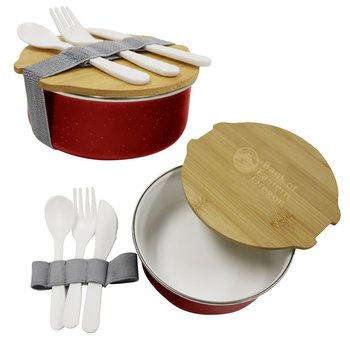 Campfire Enamel & Bamboo Bento Box - Laser-Engraved Personalization Available from Positive Promotions