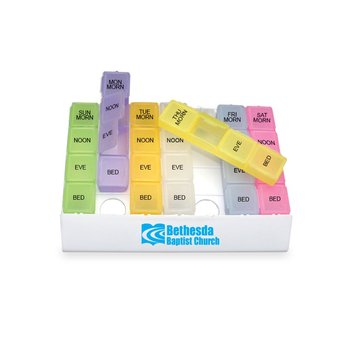 Colored Four-A-Day Weekly Medicine Organizer Box - Personalization Available from Positive Promotions