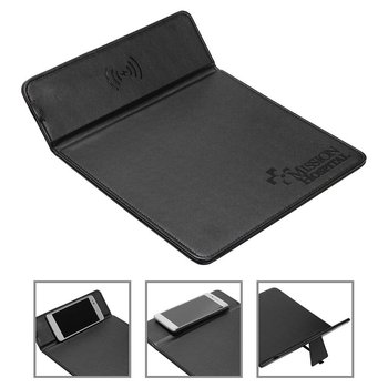 Leatherette Wireless Charger Mouse Pad With Kickstand - Debossed Personalization Available from Positive Promotions