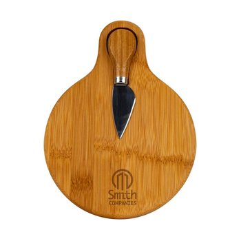 Small Bamboo Cutting Board With Cheese Knife - Laser-Engraved Personalization Available from Positive Promotions