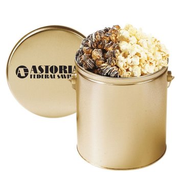 Savory And Sweet Kettle Corn and White & Dark Chocolate-Swirled Popcorn Tin - Personalization Available from Positive Promotions