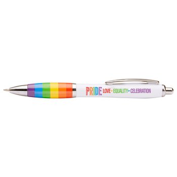 Pride: Love, Equality, Celebration Rainbow Grip Curve Pen from Positive Promotions