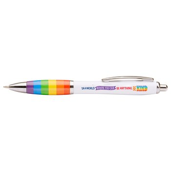 In a World Where You Can Be Anything, Be Kind Rainbow Grip Curve Pen from Positive Promotions
