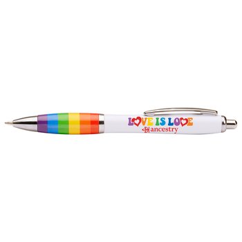 Love Is Love Rainbow Grip Curve Pen - Full-Color Personalization Available from Positive Promotions