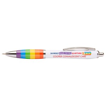 In a World Where You Can Be Anything, Be Kind Rainbow Grip Curve Pen - Full-Color Personalization Available from Positive Promotions