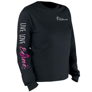 Live, Love, Believe Long Sleeve 2-Location Awareness T-Shirt - Personalization Available from Positive Promotions