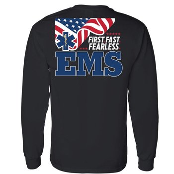 EMS: First. Fast. Fearless. Unisex Two-Sided Long-Sleeve T-Shirt - Silkscreened Personalization Available from Positive Promotions