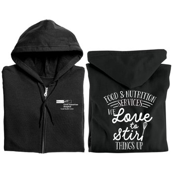 Food & Nutrition Services: We Love to Stir Things Up Gildan® Unisex Full-Zip Hooded Sweatshirt - Silkscreened Personalization Available from Positive Promotions