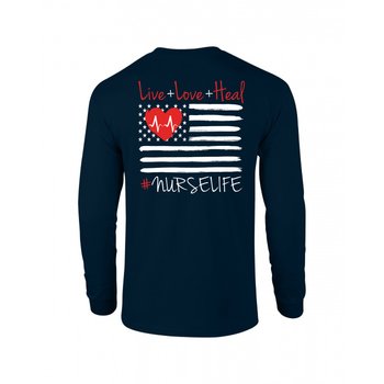 Live + Love + Heal: #nurselife Unisex Two-Sided Long-Sleeved T-Shirt - Silkscreened Personalization Available from Positive Promotions