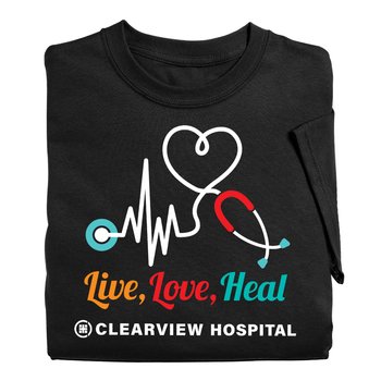 Live, Love, Heal Unisex Short-Sleeved T-Shirt - Silkscreened Personalization Available from Positive Promotions