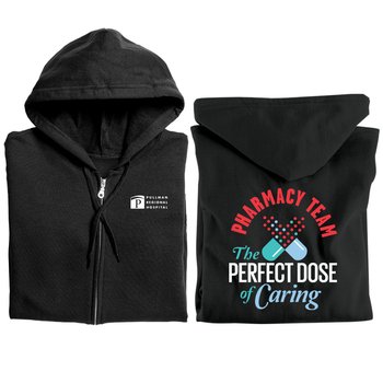 Pharmacy Team: The Perfect Dose of Caring Gildan® Unisex Heavy Blend Full-Zip Hooded Sweatshirt - Silkscreened Personalization Available from Positive Promotions