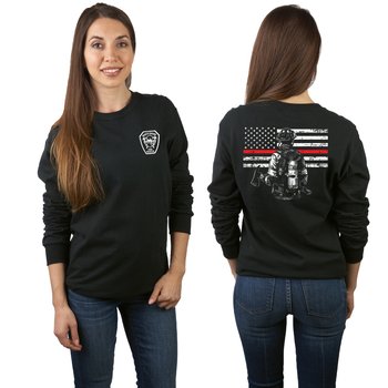 Firefighter with Thin Red Line Flag Unisex 2-Sided Long-Sleeved T-Shirt - Silkscreened Personalization Available from Positive Promotions