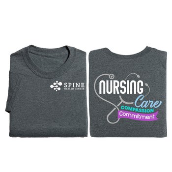 Nursing: Care, Compassion, Commitment Unisex 2-Sided Short-Sleeved T-Shirt - Silkscreened Personalization Available from Positive Promotions